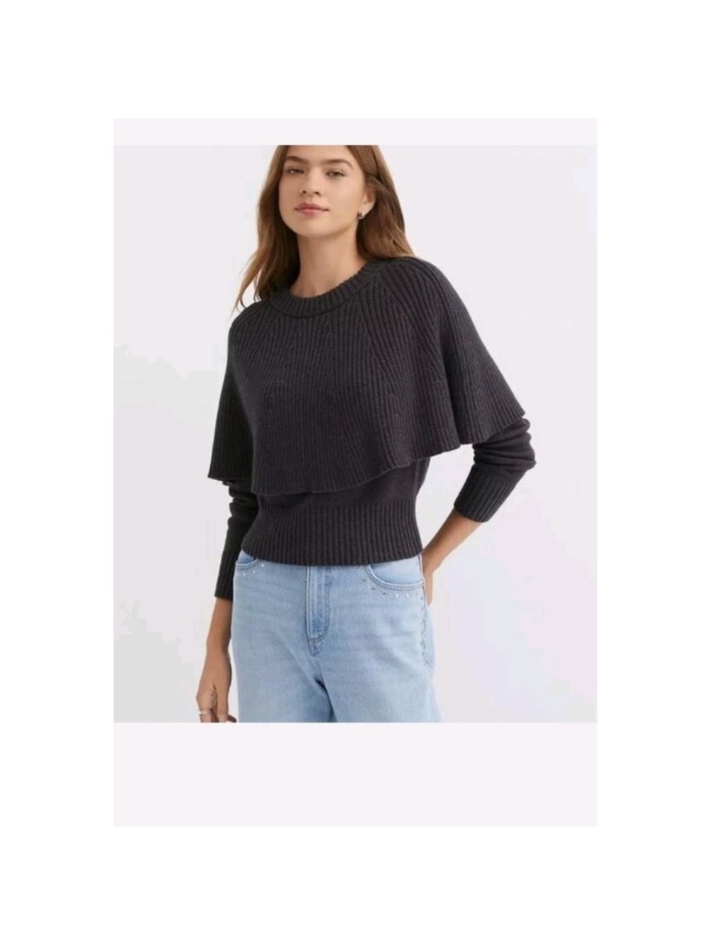 LOFT Charcoal Layered Ribbed Crewneck Sweater